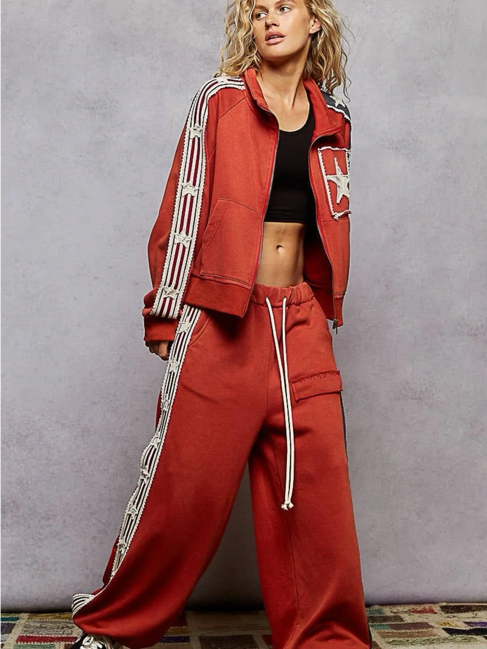 French terry striped patch trim star patch knit pants